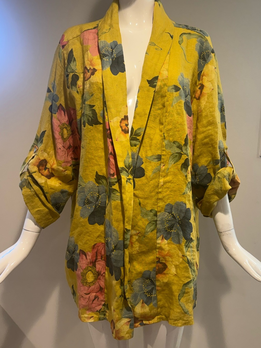 Bellambia 100% Linen Floral Open Front Cardigan Jacket XL Yellow Italy